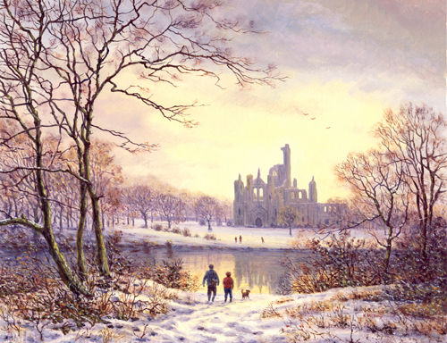 The River Aire at Kirkstall Abbey, Yorkshire. Painting by Keith Melling