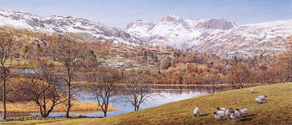 Langdale Pikes from Elterwater, Lake District. Painting by Keith Melling