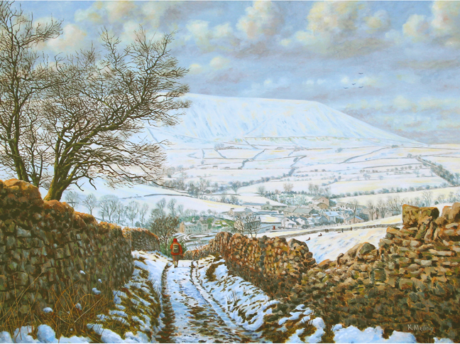 Heys Lane, Winter  -  Pendle Hill, Lancashire. Painting by Keith Melling