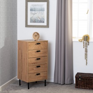 Lyon oak 5 drawer tall narrow chest of drawers