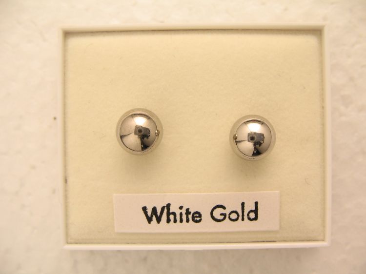 Nine Carat White Gold Ball Stud Earrings For Pierced Ears,                                                                                                                                                                                                     