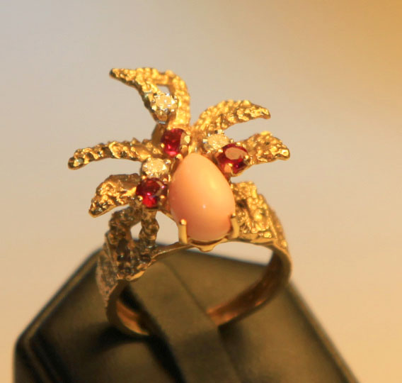 Ring 18ct Coral, Diamond and Ruby 1900s