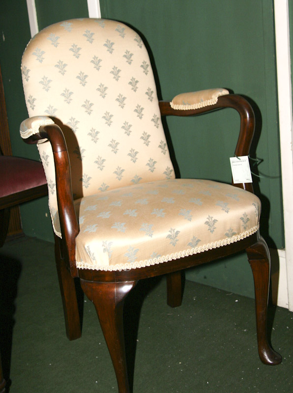 Mahogany open scroll arm Upholstered chair 19c