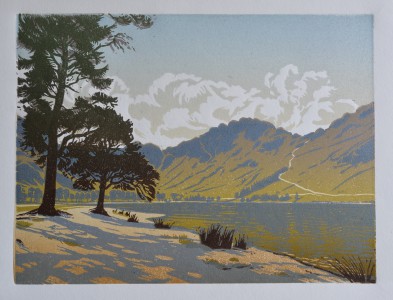 Bright morning, Buttermere, linocut