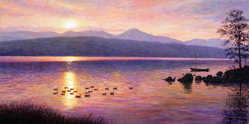 Sunset over Coniston Water. Painting Keith Melling