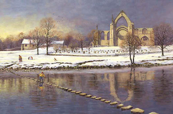 The Stepping Stones at Bolton Abbey   -  Yorkshire Dales. Painting by Keith Melling
