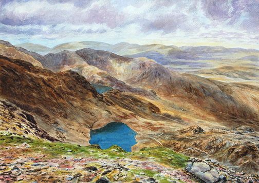 Summit view from Coniston Old Man. Painting: Keith Melling