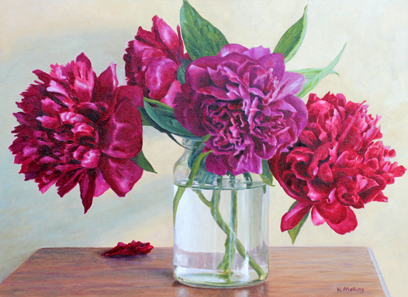 Still Life with Peonies in a Glass Jar. Painting by Keith Melling