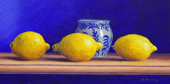 Still Life with Three Lemmons and Wetheriggs Pottery Cup. Painting by Keith Melling