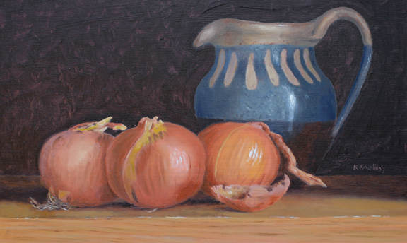 Still Life with Onions and Sandsend Jug. Painting by Keith Melling