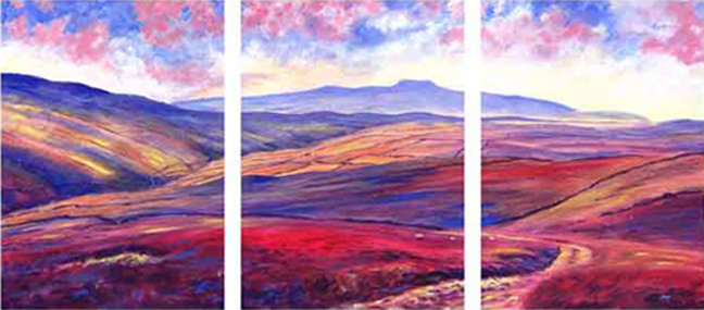 Above Foxup, distant Ingleborough from Horsehead Pass. Painting by Keith Melling