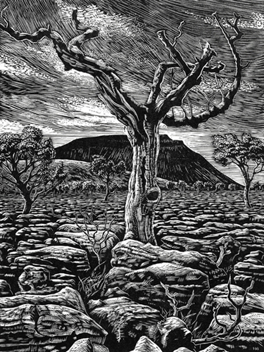 Ingleborough from Southerscale Scars, Yorkshire Dales. Wood engraving by Keith Melling