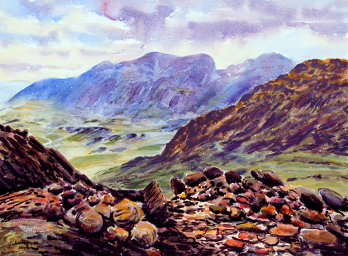 Scafells from Crinkle Crags, Lake District. Watercolour Keith Melling