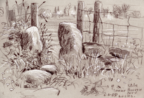 Stile near Barrowford Locks. Drawing Keith Melling