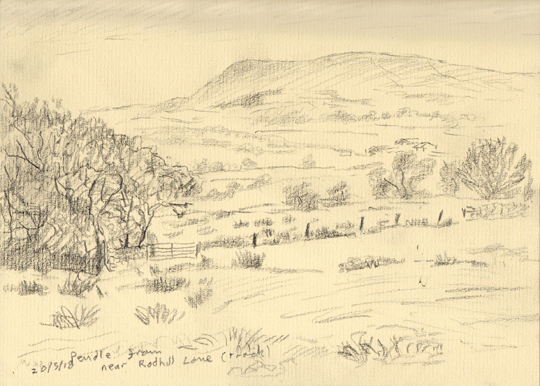 Pendle Hill from Till House near Rodhill Gate Lane (track), Sawley, Lancashire. Sketch Keith Melling