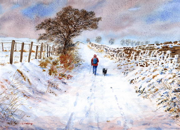 Sandy Hall Lane, Snow, Lancashire. Watercolour by Keith Melling
