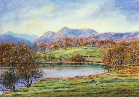 Langdale Pikes from Loughrigg Tarn. Panting by Keith Melling