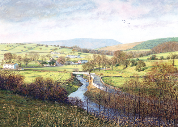 October Fields and Pendle. Painting by Keith Melling