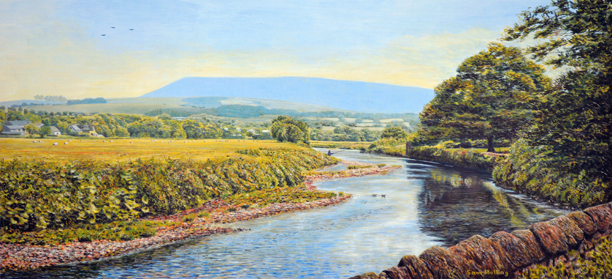 River Ribble and Pendle at Sawley. Painting by Sam P Melling