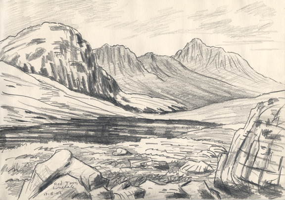 Red Tarn and Bowfell, Lake District. Drawing: Keith Melling