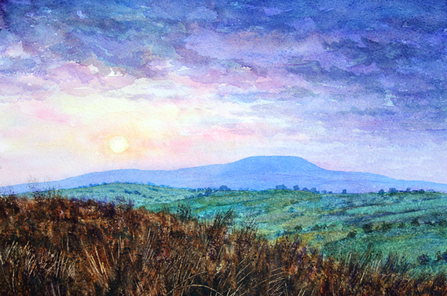 Pendle Hill from above Thursden Valley. Waercolour : Keith Melling
