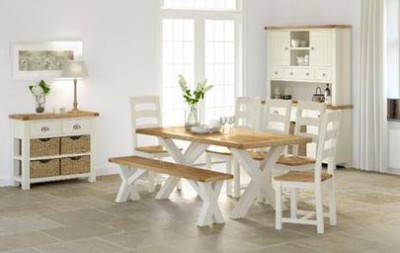 New England X leg cream and oak dining table & 6 chairs