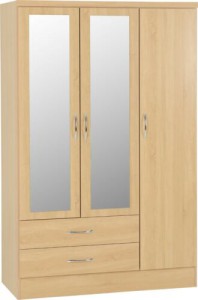 Neptune light oak 3 door 2 drawer mirrored wardrobe