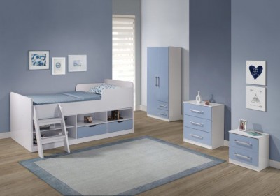White low sleeper bed with pink or blue drawers