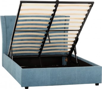 Blue grey or mustard fabric storage bed button headboard
