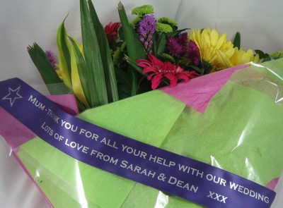 WRFBQPURPLE10 PURPLE Personalised Ribbon Thank You Message for a Bouquet