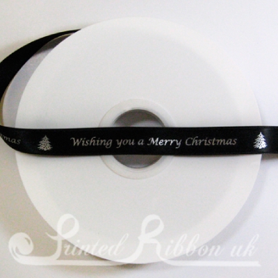 XM15BLCK50 15mm BLACK double faced satin Printed Christmas ribbon - print your own message or company logo