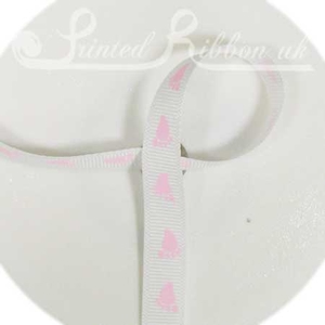 GG10WHTEftP20M WHITE 10mm GROSGRAIN RIBBON with PINK BABY FEET PRINT 20m roll.