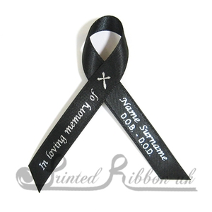 BLACKAWPR10PK Pack of 10 BLACK Personalised d/f Satin Funeral / Memorial ribbons with pin attached