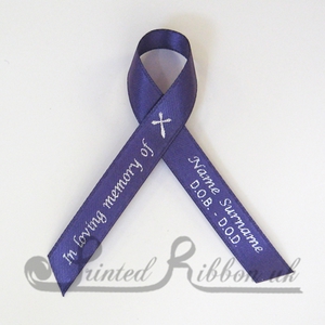 PURPAWPR100 Pack of 100 PURPLE Personalised d/f Satin Funeral / Memorial ribbons with pin attached