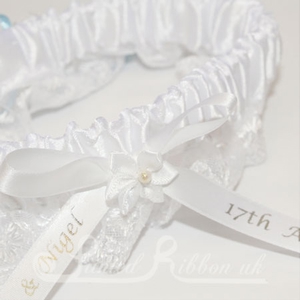 PWGBWHTE White Satin and Lace Personalised Wedding Garter