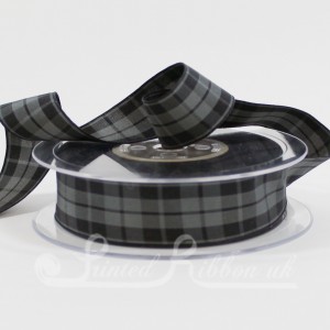 TAR16GBLK20M Classic Black and gray tartan ribbon 16mm x 20m roll