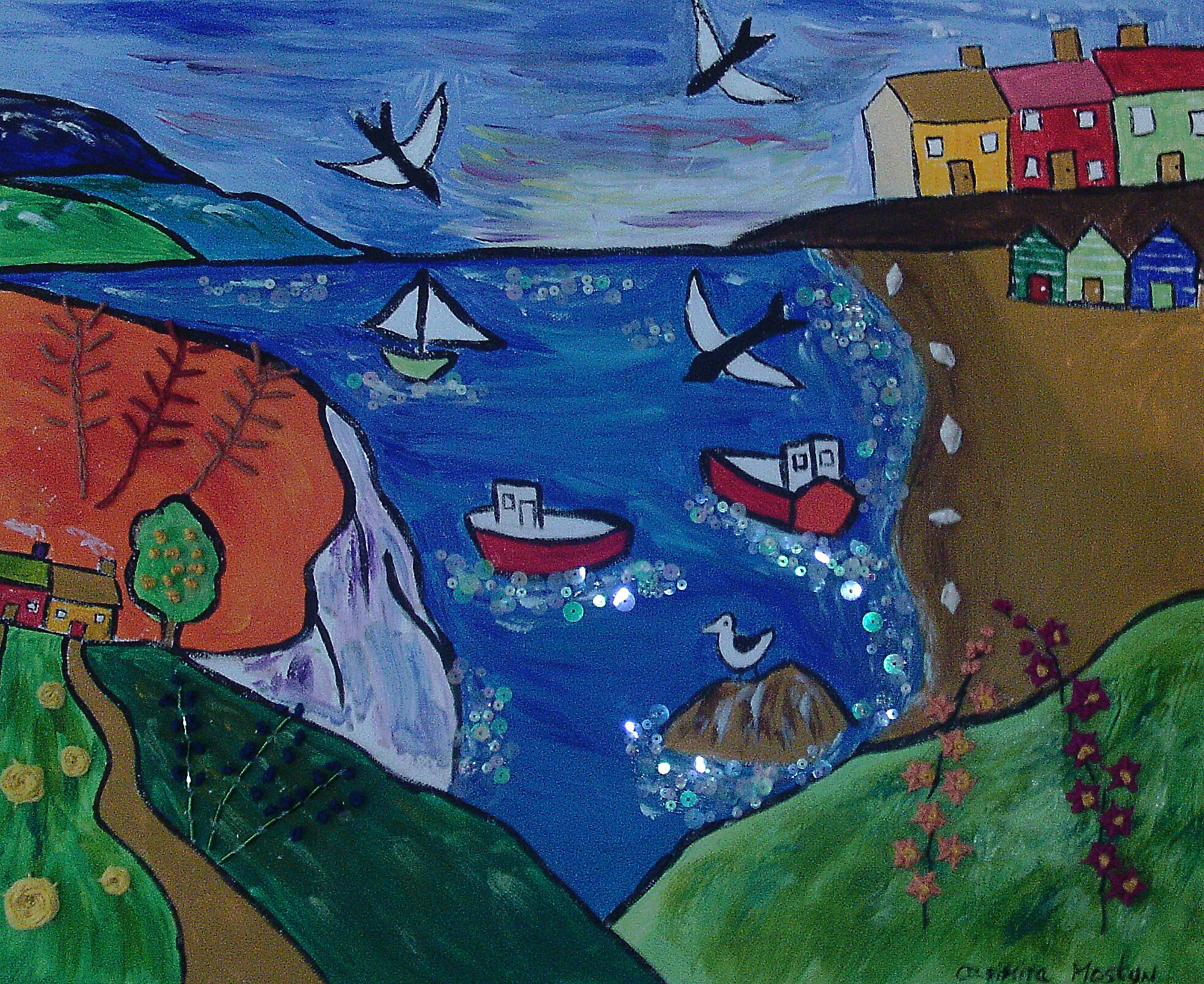 Naive Seascape with embroidered flowers