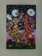 Quirky hares dancing among the daisies at night