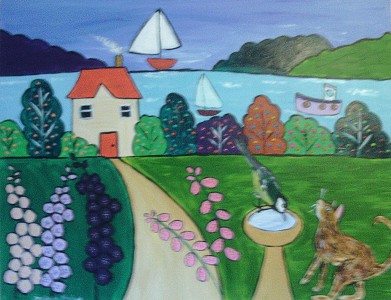 Colourful Naive seascape with Great Tit and Cat 28