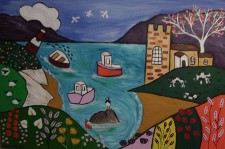 A Colourful Naive Seascape of a Church by the Sea