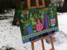 4 Art deco Vases with Embroidered Flowers