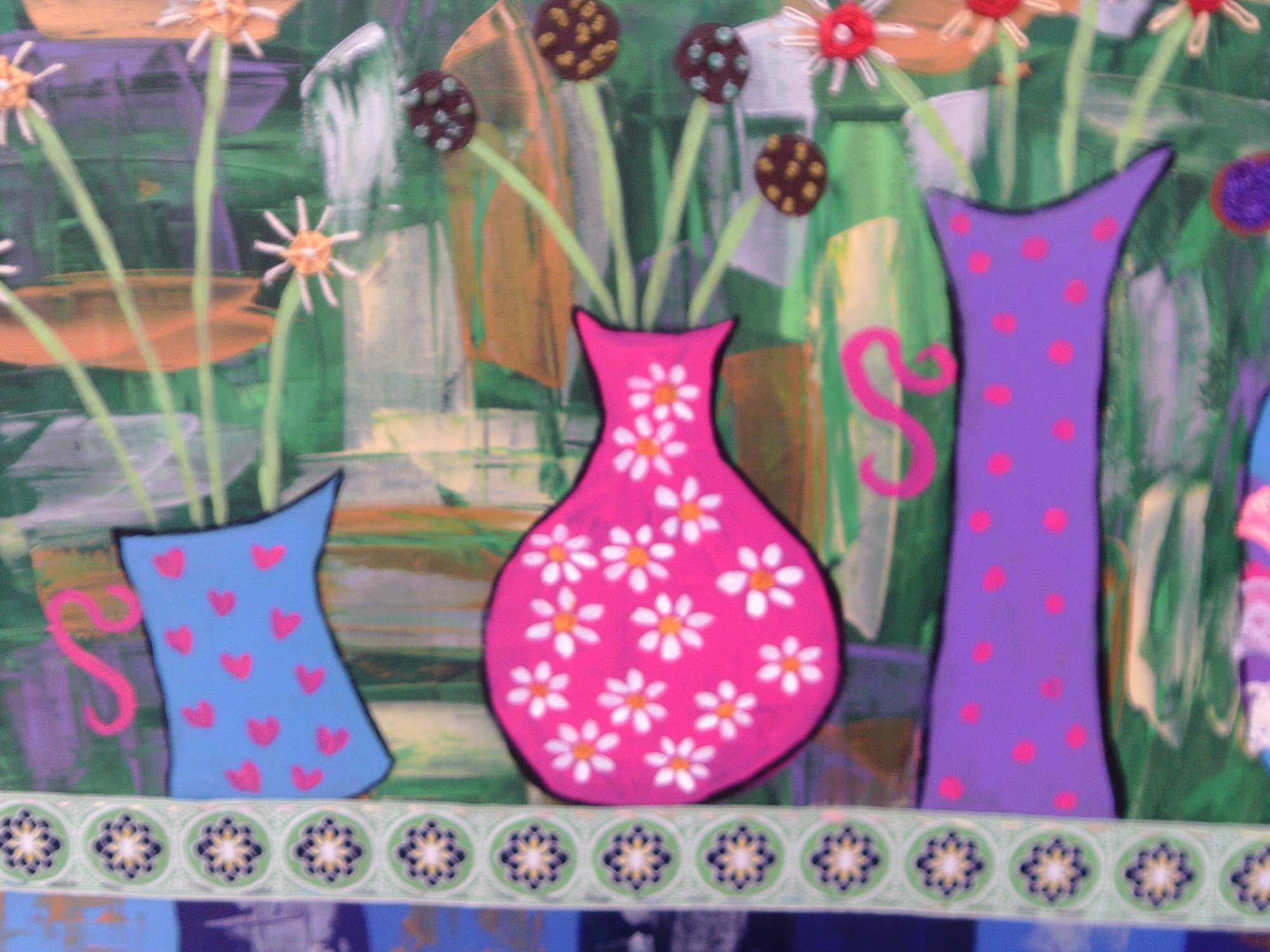 4 Art deco Vases with Embroidered Flowers