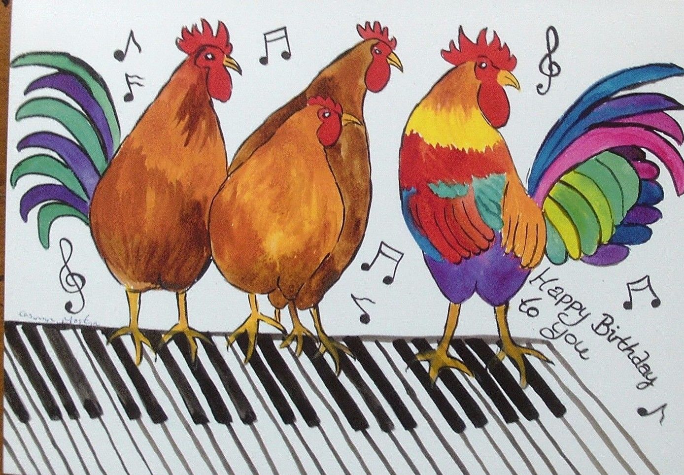 Hens on a Piano Birthday Card
