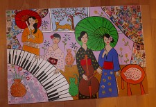 Japanese Geisha, a Piano, Cello and Colourful Cats