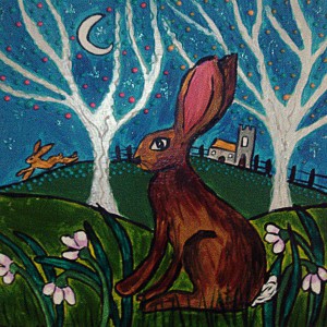 4 quirky Coasters, Hare Moon Gazing