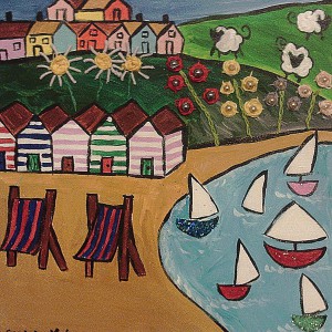 4 quirky Coasters, Colourful Seascape with boats