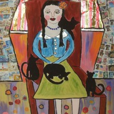 4 quirky Coasters, folk Art Girl and her cats