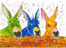 Three Colourful Donkeys chatting over the wall