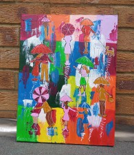 Rushing again in to the rainbow sky under their umbrellas