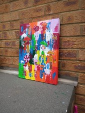 Rushing again in to the rainbow sky under their umbrellas